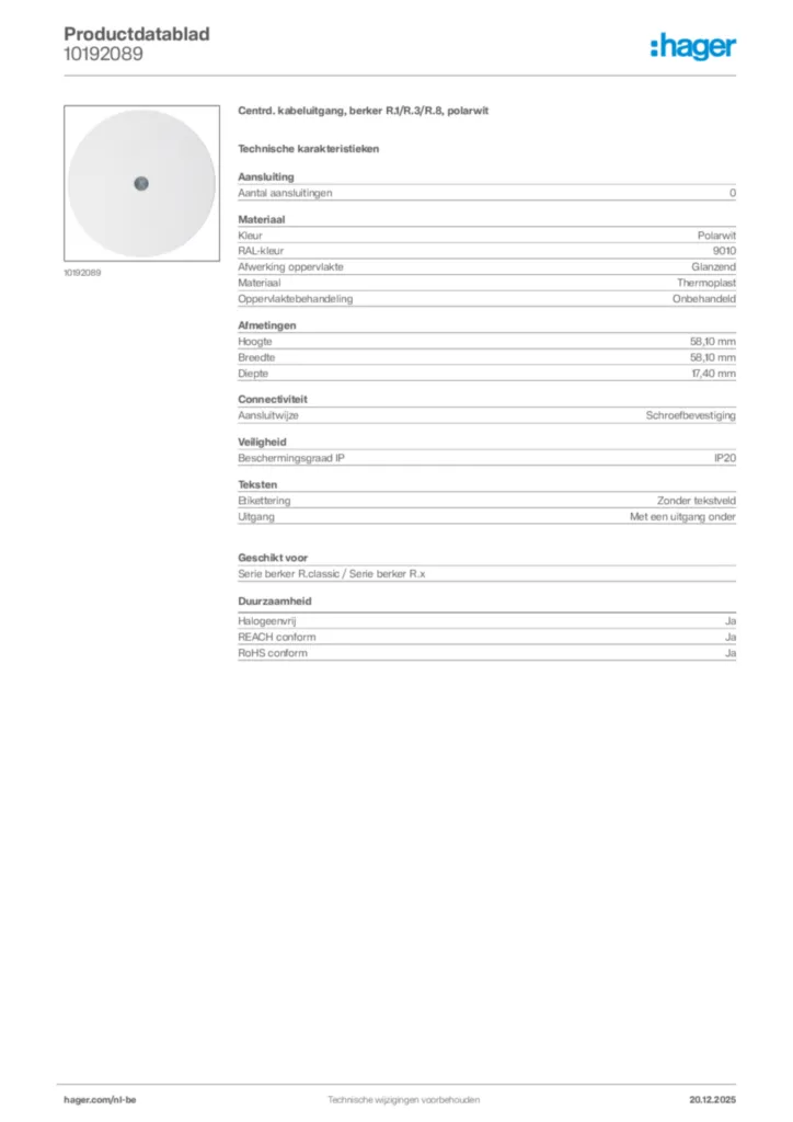 Afbeelding Hager Productdatablad 10192089 | Hager Belgium