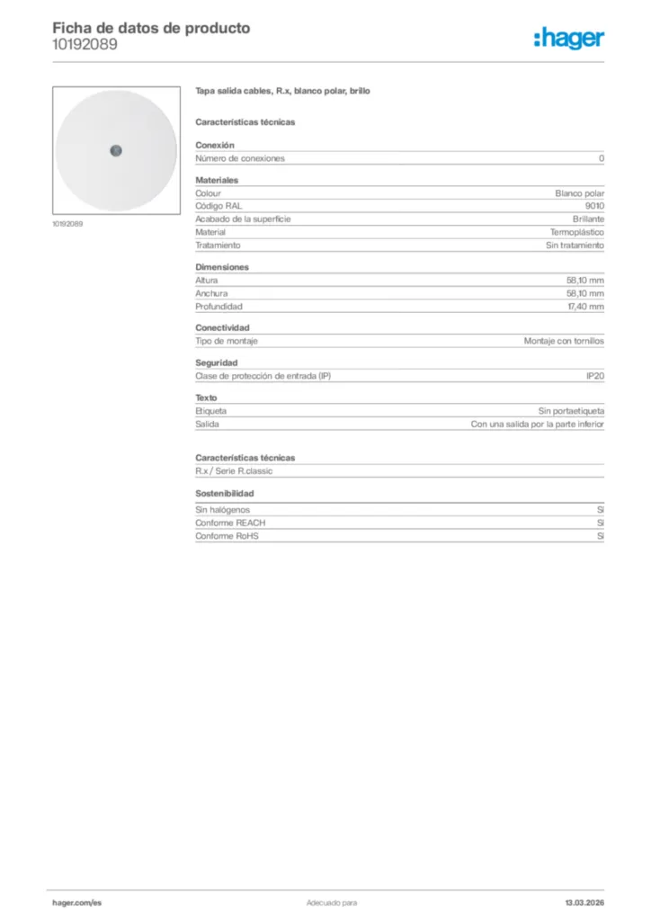 Imagen Hager Ficha de datos de producto 10192089 | Hager España