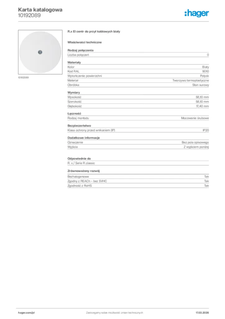 Zdjęcie Hager Karta katalogowa 10192089 | Hager Polska
