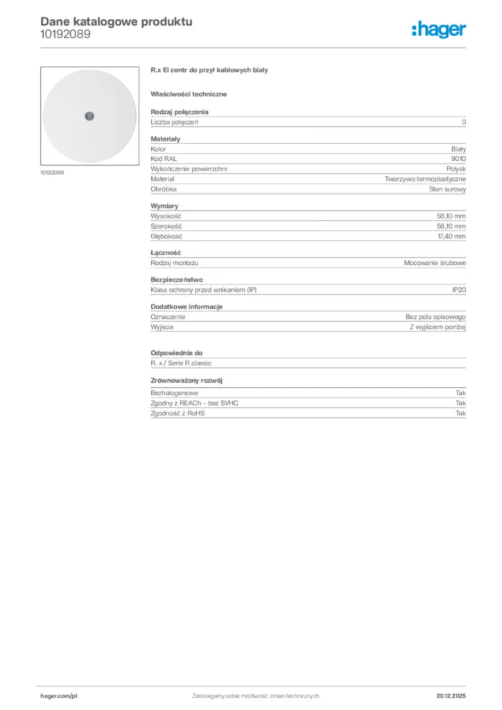 Zdjęcie Hager Karta katalogowa 10192089 | Hager Polska