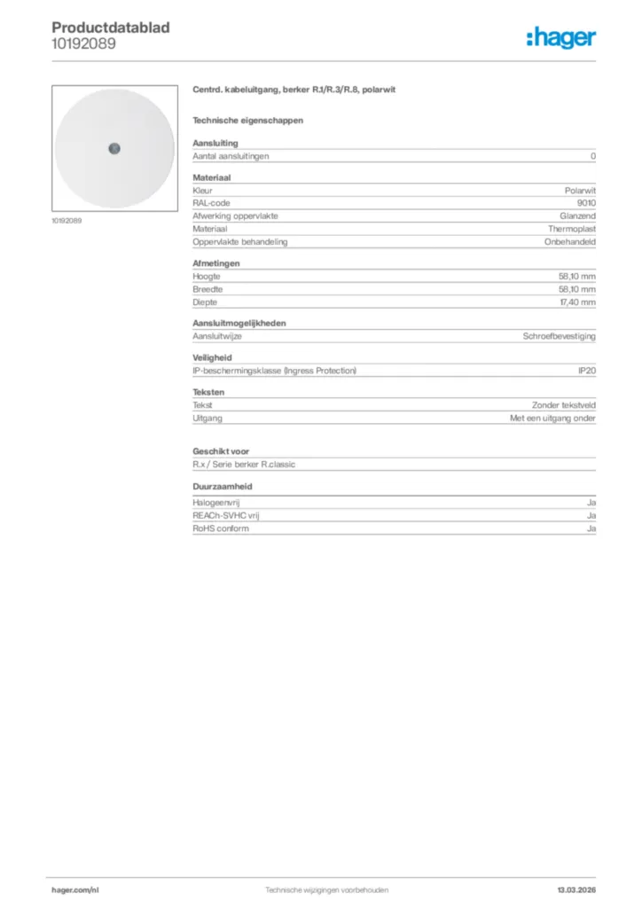 Afbeelding Hager Productdatablad 10192089 | Hager Nederland
