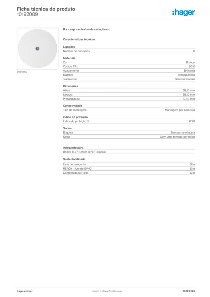 Imagem Hager Ficha técnica do produto 10192089 | Hager Portugal