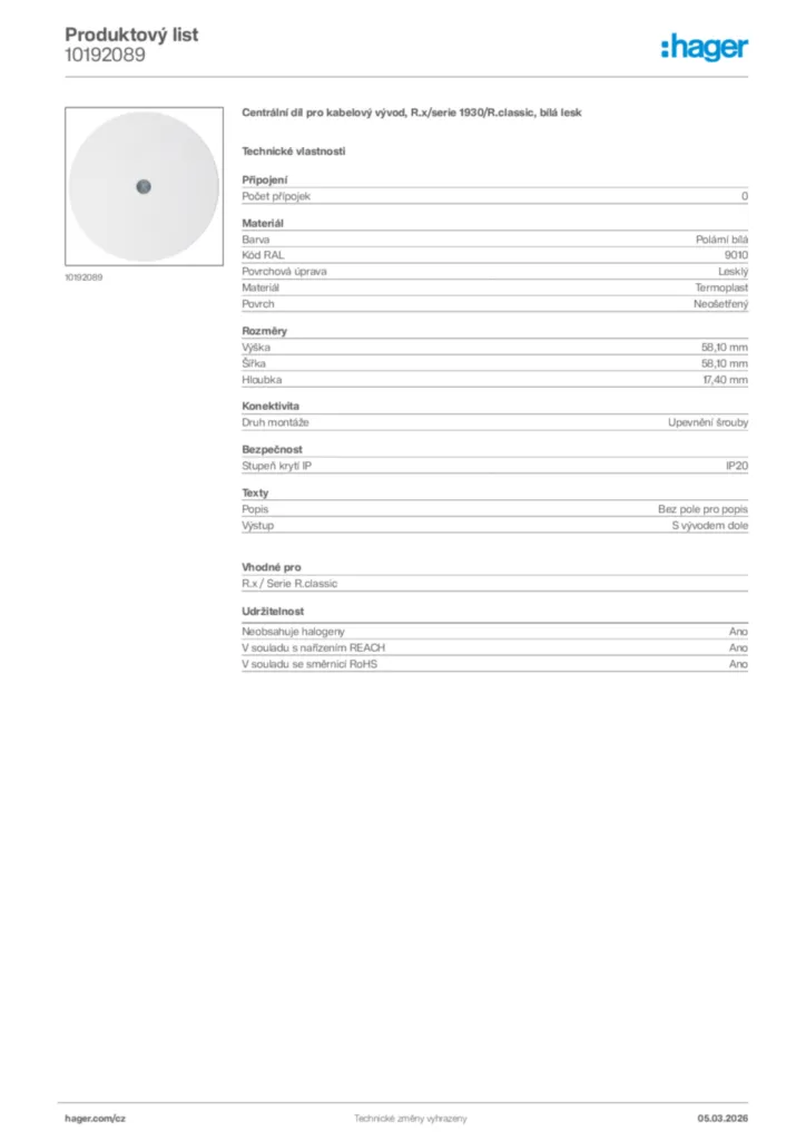Obrázek Hager Product data sheet 10192089 | Hager