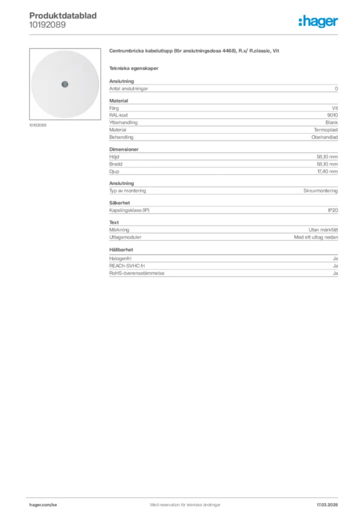 Bild Hager Produktdatablad 10192089 | Hager Sverige