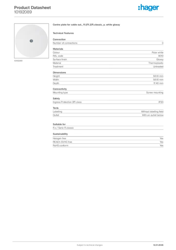 Image Hager Product data sheet 10192089  | Hager