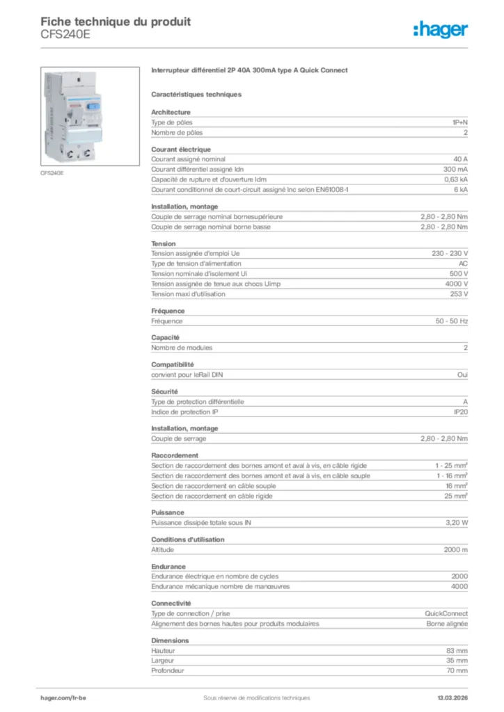 Image Hager Fiche technique du produit CFS240E | Hager Belgique
