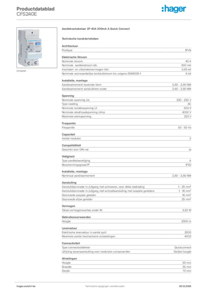 Afbeelding Hager Productdatablad CFS240E | Hager Belgium