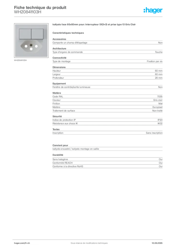 Image Hager Fiche technique du produit WH20841103H | Hager Suisse