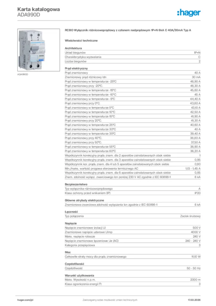 Zdjęcie Hager Karta katalogowa ADA990D | Hager Polska
