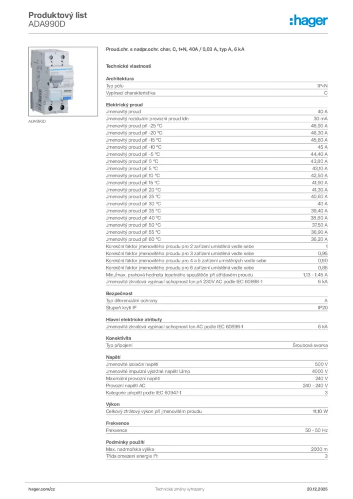 Obrázek Hager Produktový list ADA990D | Hager