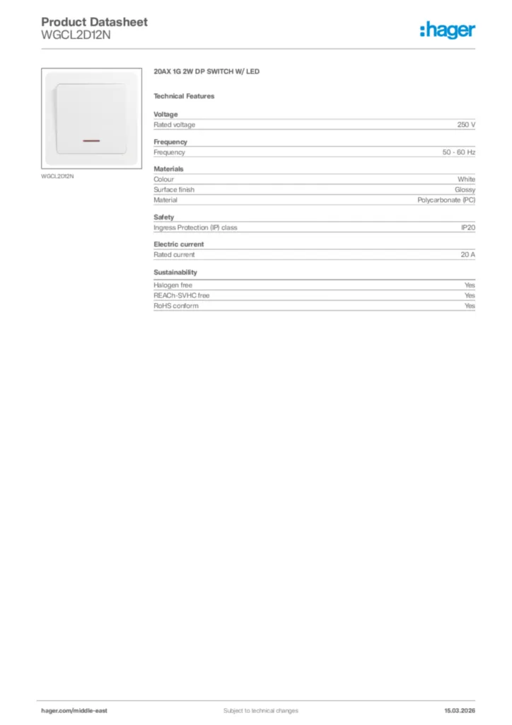 Image Hager Product data sheet WGCL2D12N  | Hager