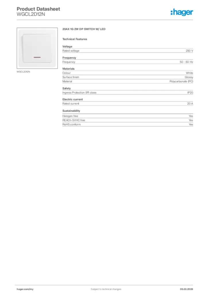 Image Hager Product data sheet WGCL2D12N  | Hager