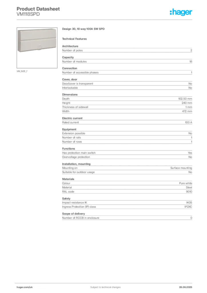 Image Hager Product data sheet VM118SPD  | Hager