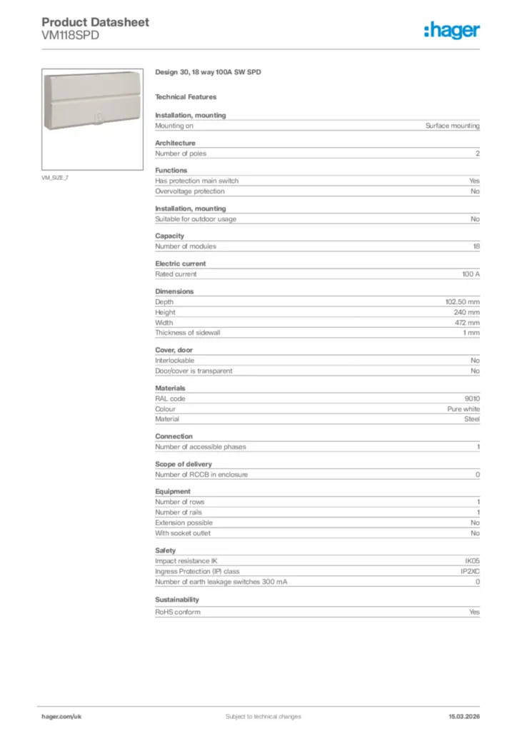 Image Hager Product data sheet VM118SPD  | Hager