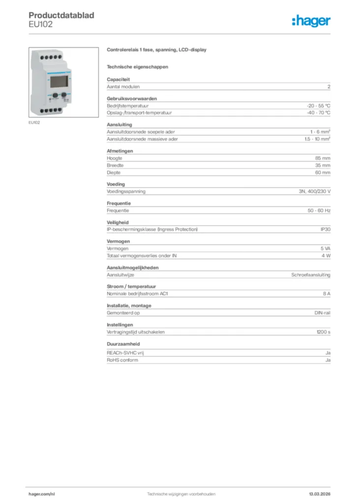 Afbeelding Hager Productdatablad EU102 | Hager Nederland