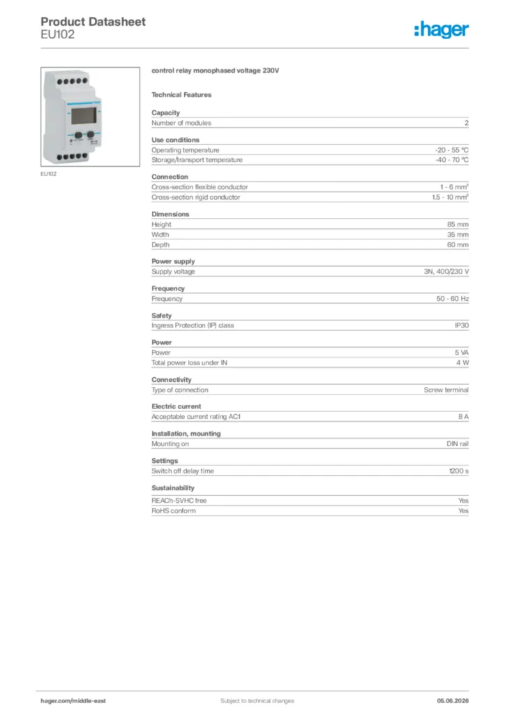 Image Hager Product data sheet EU102  | Hager