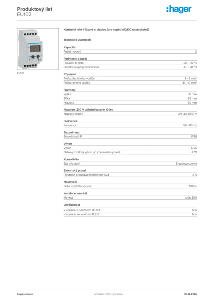 Obrázek Hager Product data sheet EU102 | Hager