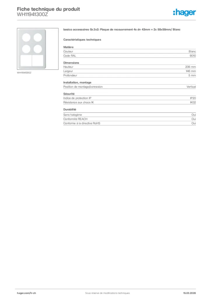 Image Hager Fiche technique du produit WH11941300Z | Hager Suisse