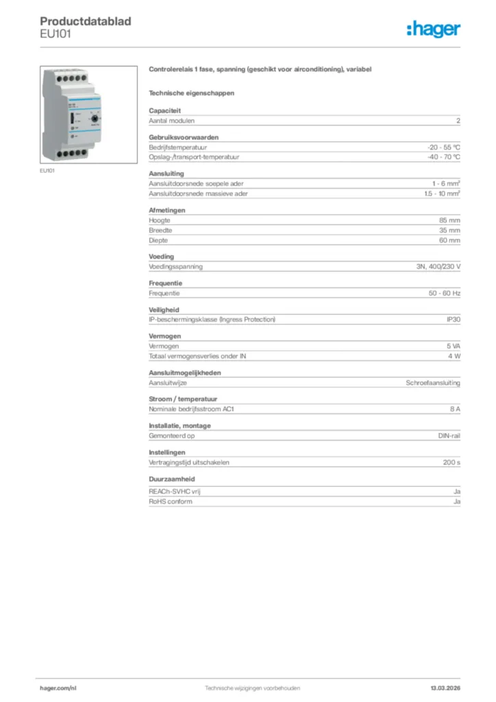 Afbeelding Hager Productdatablad EU101 | Hager Nederland