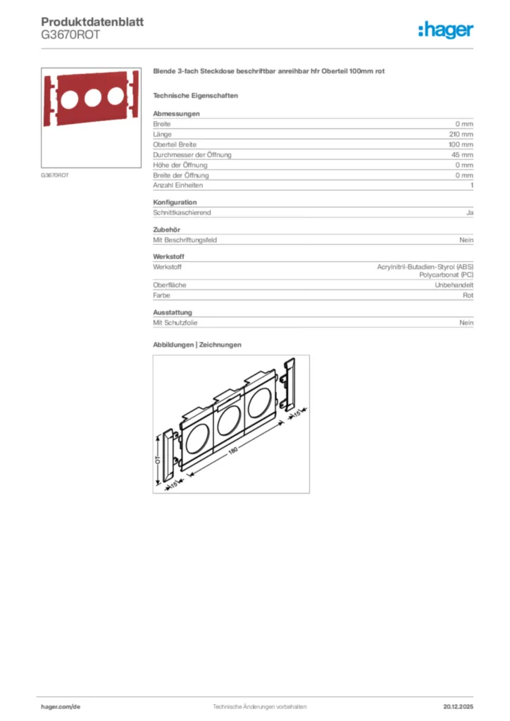 Bild Hager Produktdatenblatt G3670ROT | Hager Deutschland