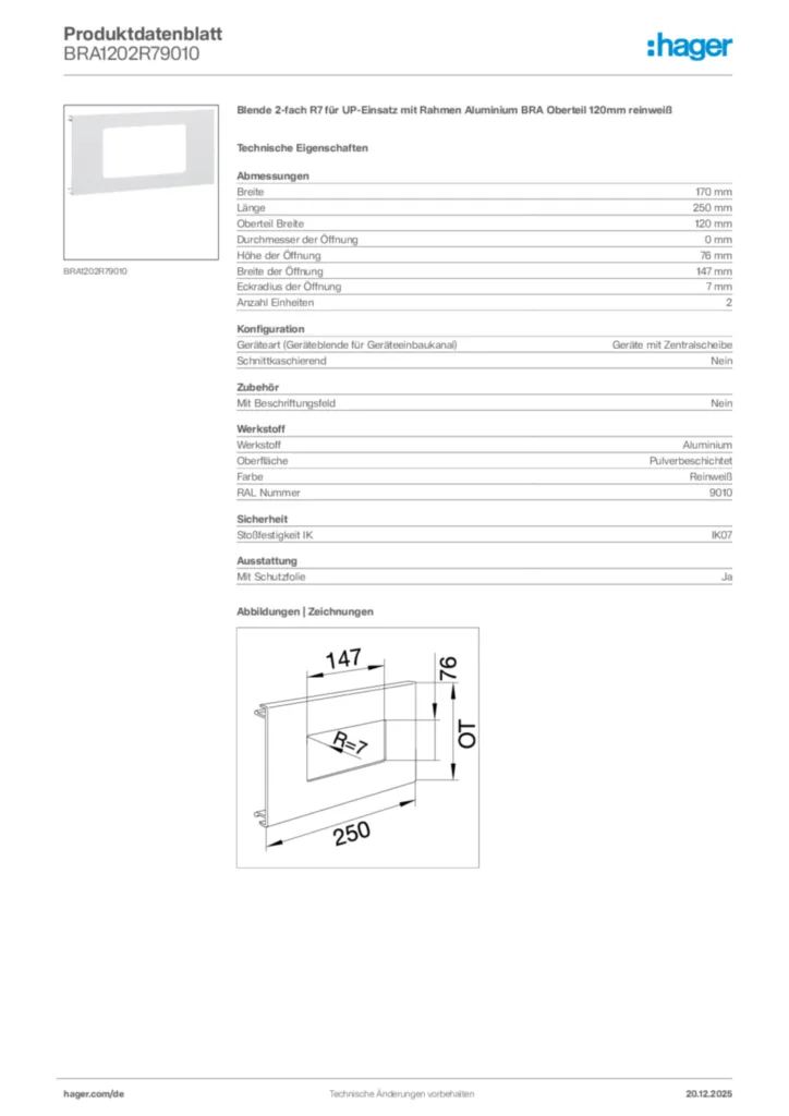 Bild Hager Produktdatenblatt BRA1202R79010 | Hager Deutschland