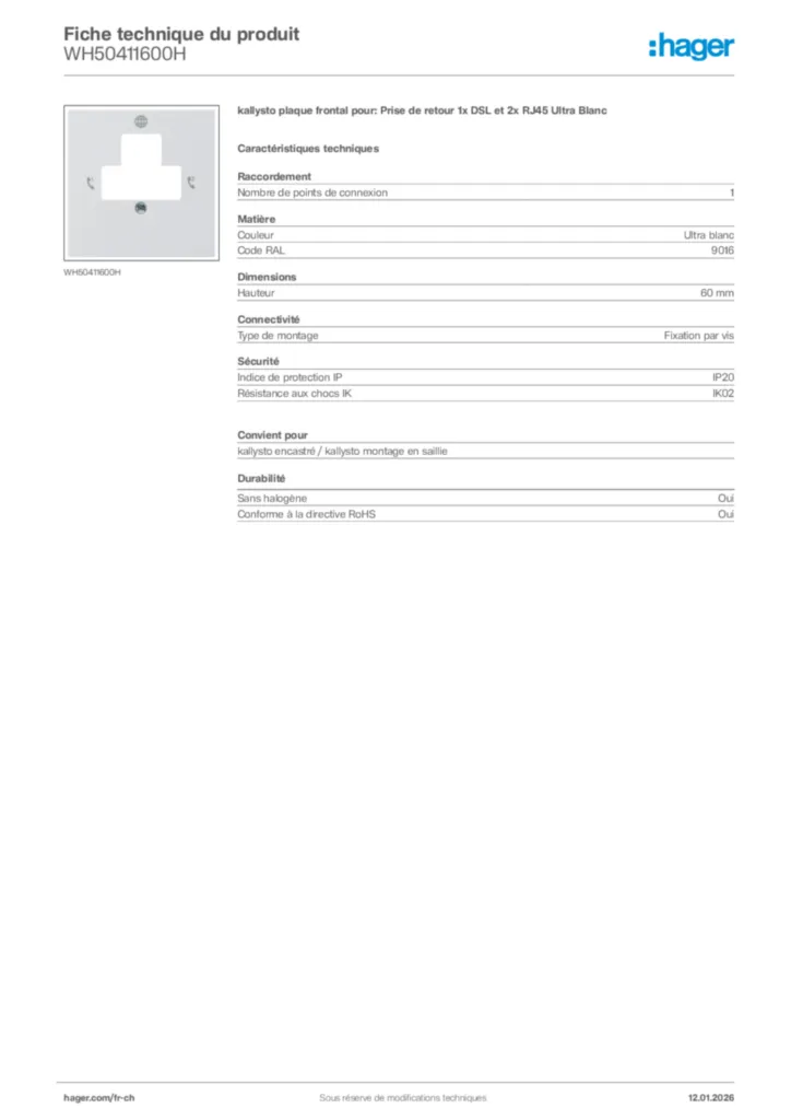 Image Hager Fiche technique du produit WH50411600H | Hager Suisse