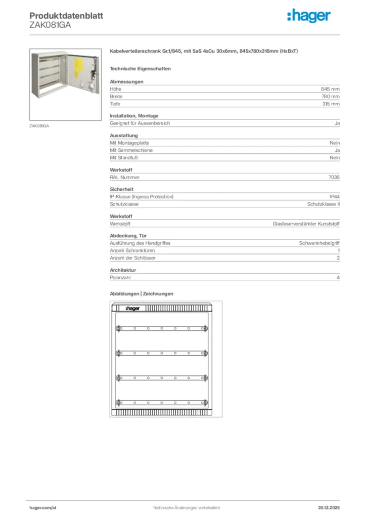 Bild Hager Produktdatenblatt ZAK081GA | Hager Deutschland