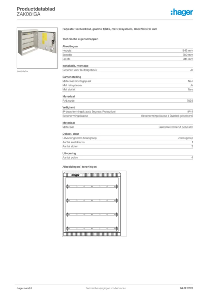 Afbeelding Hager Productdatablad ZAK081GA | Hager Nederland
