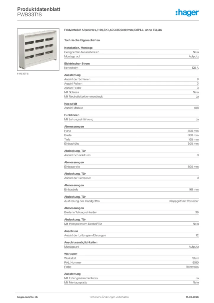 Bild Hager Produktdatenblatt FWB33T1S | Hager Schweiz