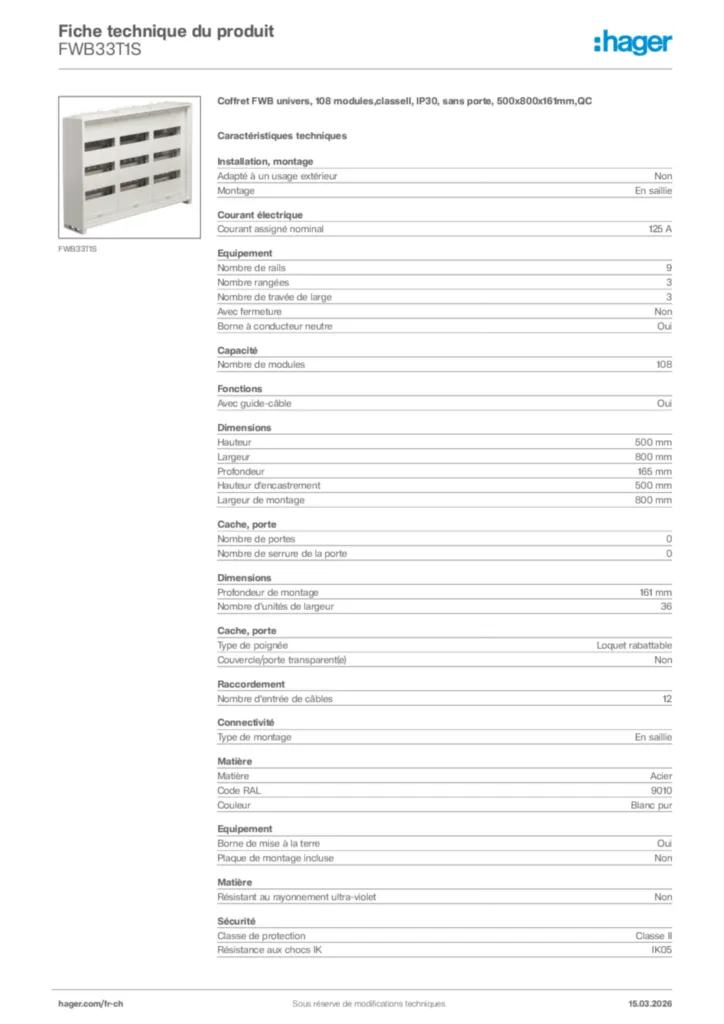 Image Hager Fiche technique du produit FWB33T1S | Hager Suisse