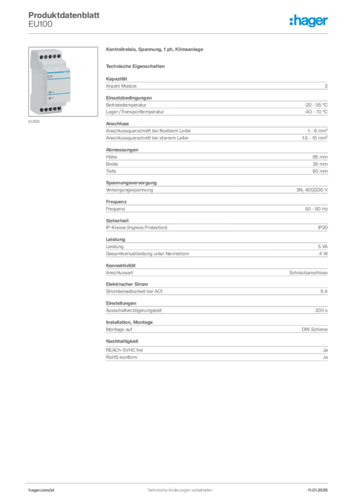 Bild Hager Produktdatenblatt EU100 | Hager Deutschland