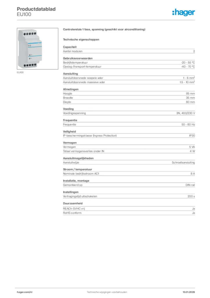 Afbeelding Hager Productdatablad EU100 | Hager Nederland
