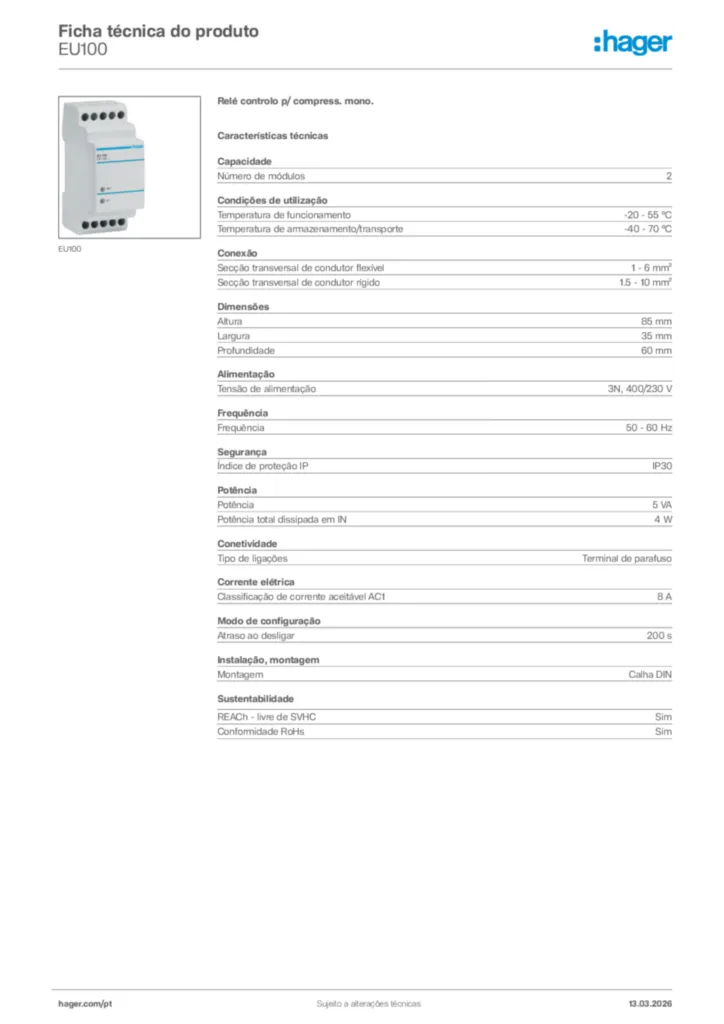 Imagem Hager Ficha técnica do produto EU100 | Hager Portugal