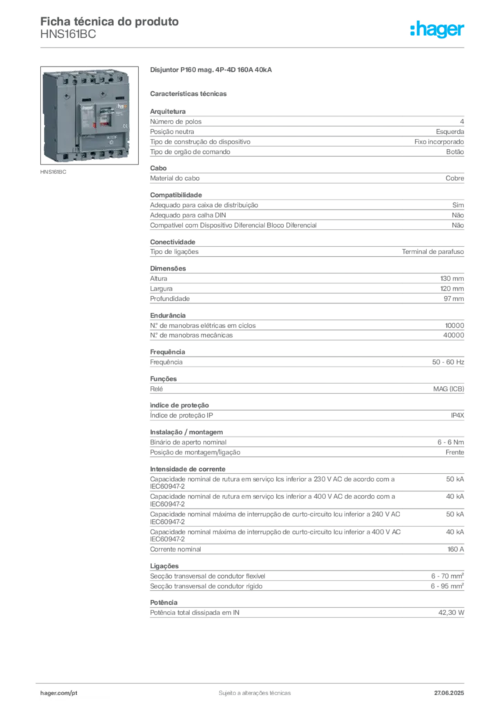 Imagem Hager Ficha técnica do produto HNS161BC | Hager Portugal