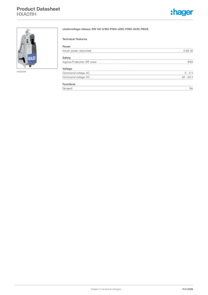 Image Hager Product data sheet HXA011H  | Hager Africa