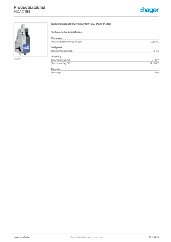 Afbeelding Hager Productdatablad HXA011H | Hager Belgium