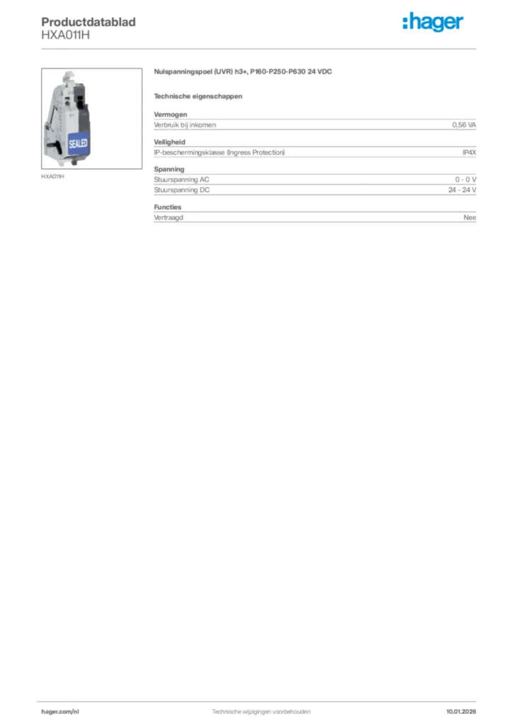 Afbeelding Hager Productdatablad HXA011H | Hager Nederland