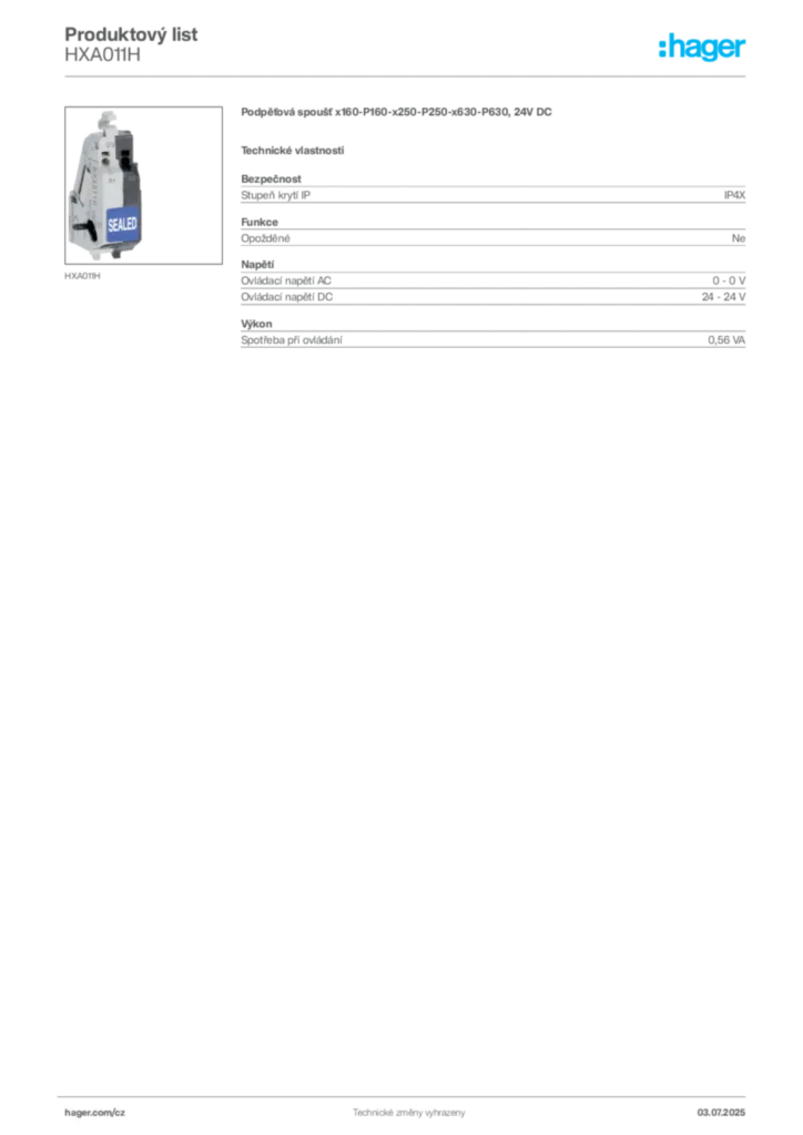 Obrázek Hager Produktový list HXA011H | Hager