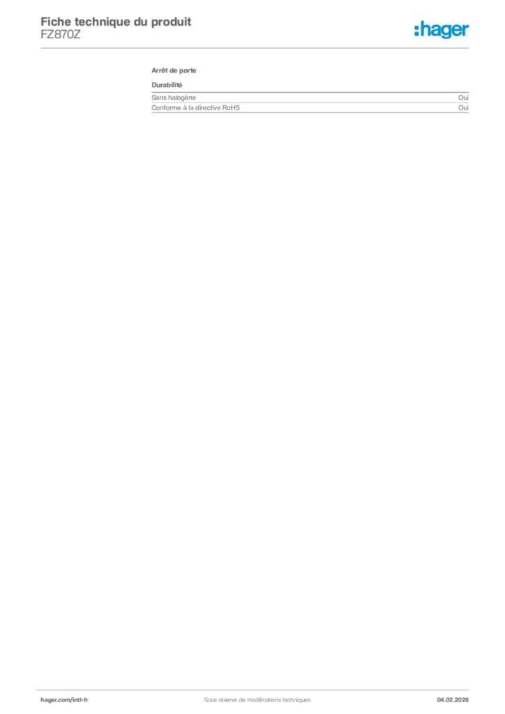 Image Hager Fiche technique du produit FZ870Z | Hager Afrique
