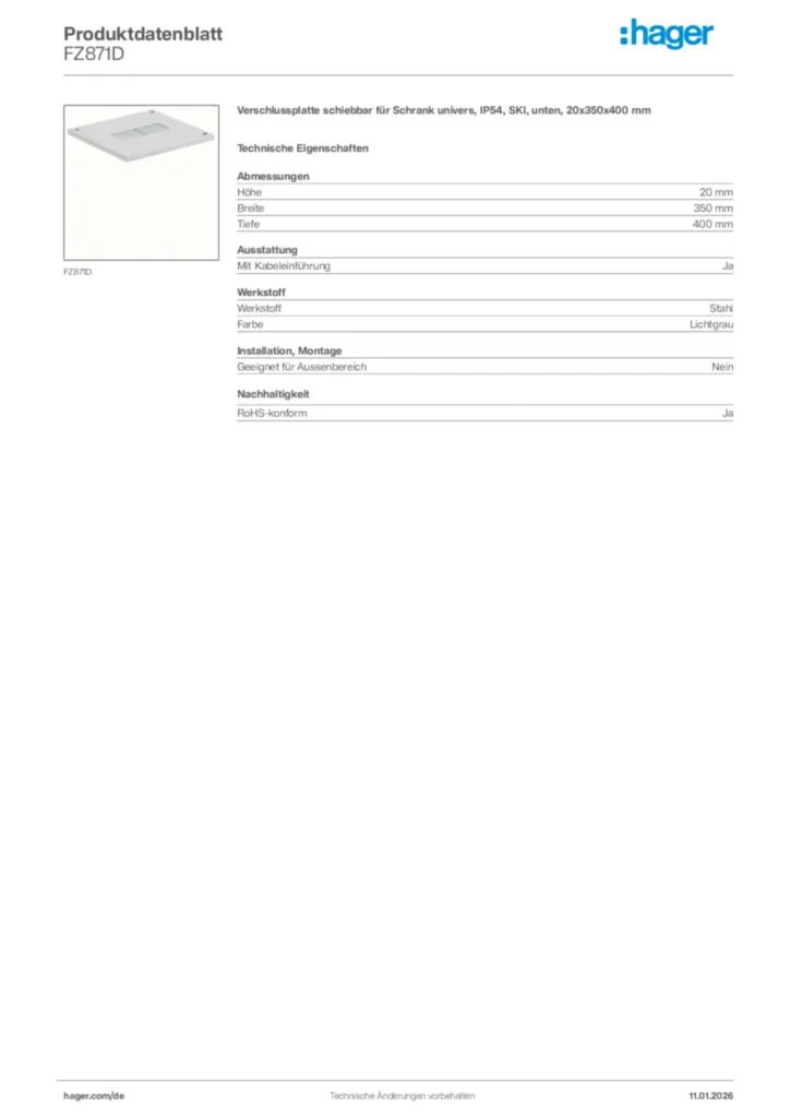 Bild Hager Produktdatenblatt FZ871D | Hager Deutschland