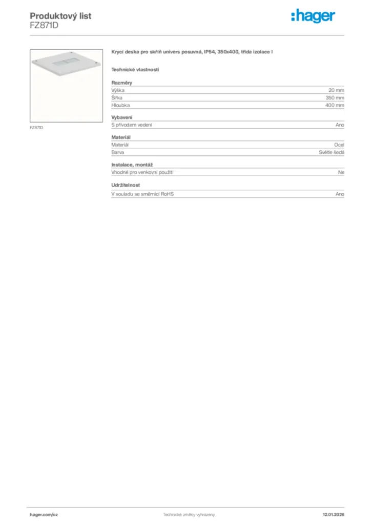 Obrázek Hager Product data sheet FZ871D | Hager