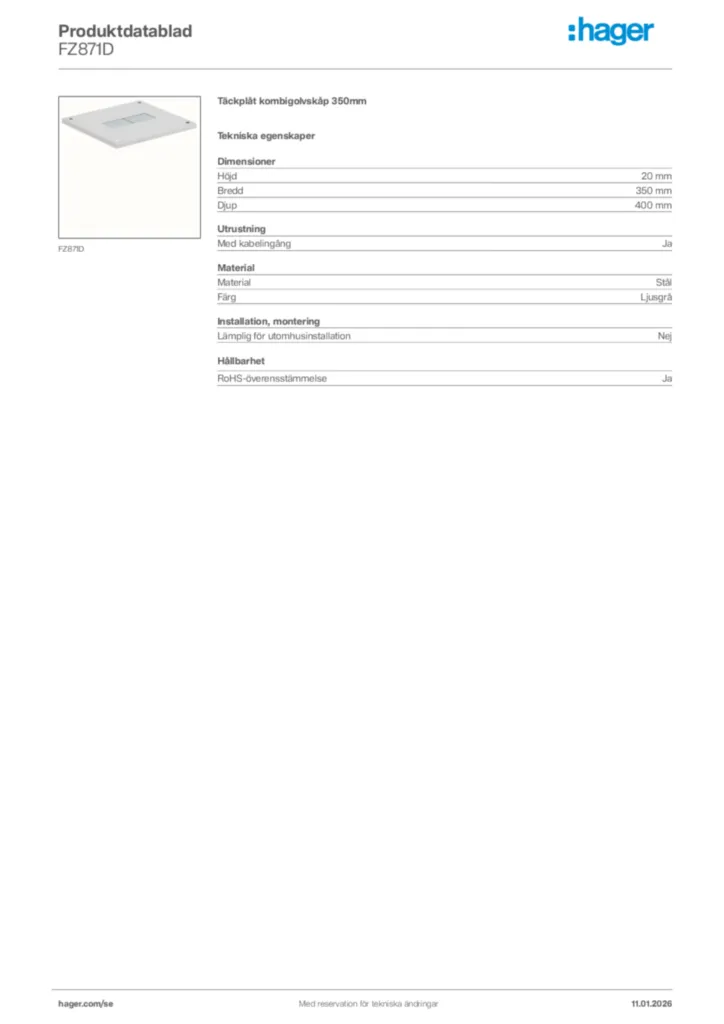 Bild Hager Produktdatablad FZ871D | Hager Sverige