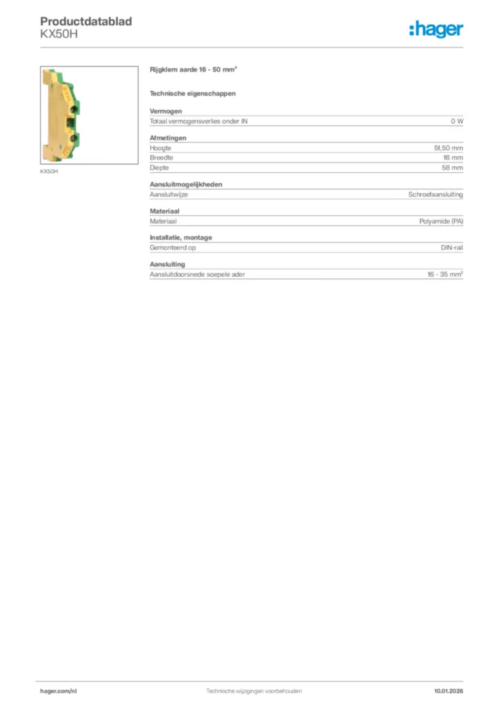 Afbeelding Hager Productdatablad KX50H | Hager Nederland