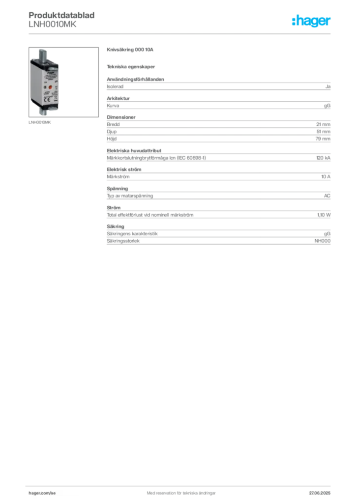 Bild Hager Produktdatablad LNH0010MK | Hager Sverige