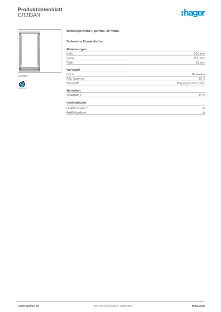 Bild Hager Produktdatenblatt GR313AN | Hager Schweiz