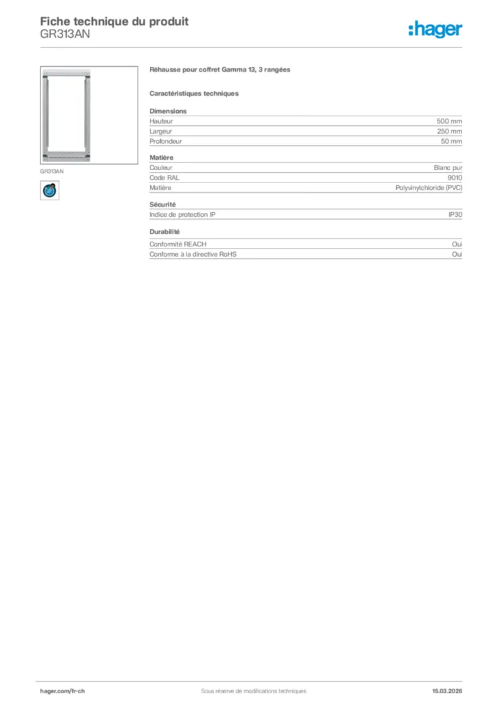 Image Hager Fiche technique du produit GR313AN | Hager Suisse