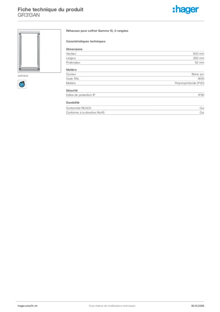 Image Hager Fiche technique du produit GR313AN | Hager Suisse