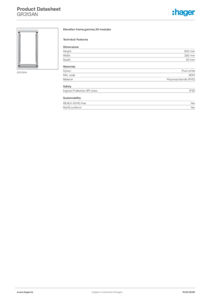 Image Hager Product data sheet GR313AN  | Hager