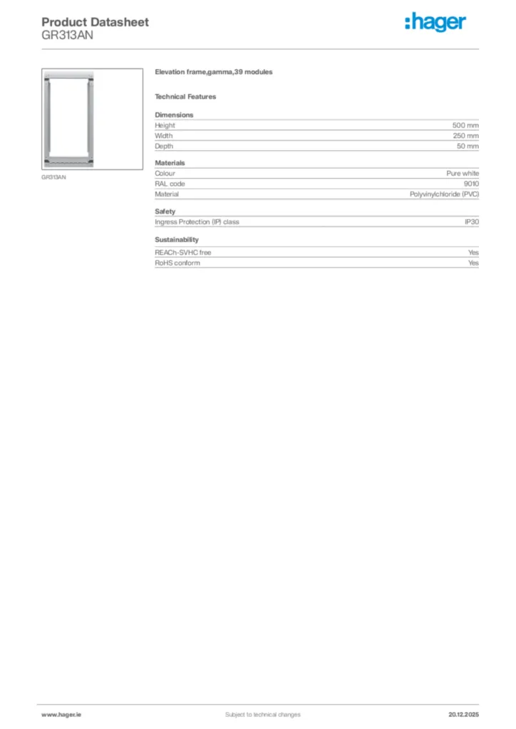Image Hager Product data sheet GR313AN  | Hager
