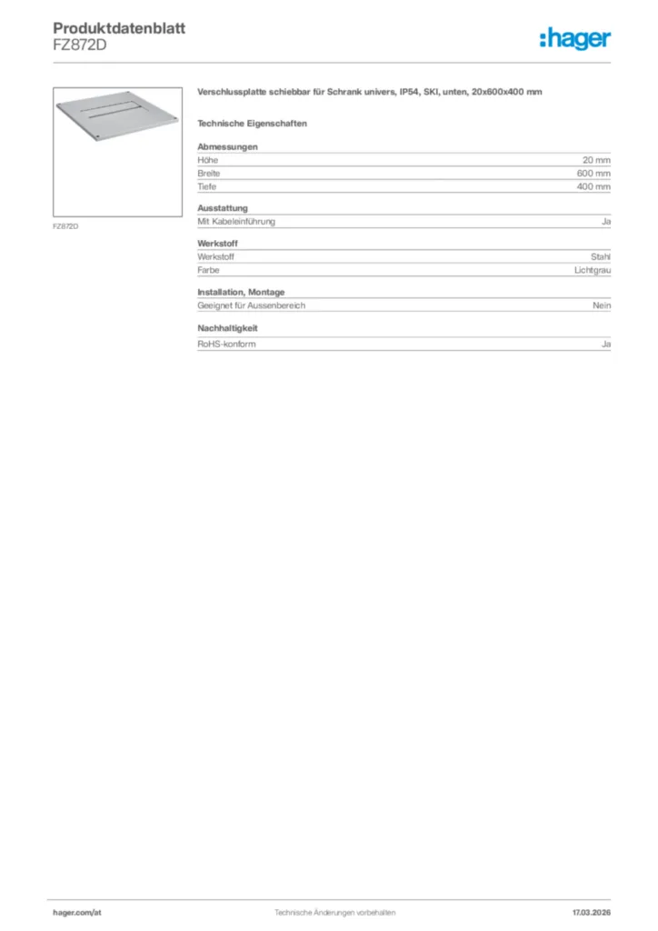 Bild Hager Produktdatenblatt FZ872D | Hager Deutschland